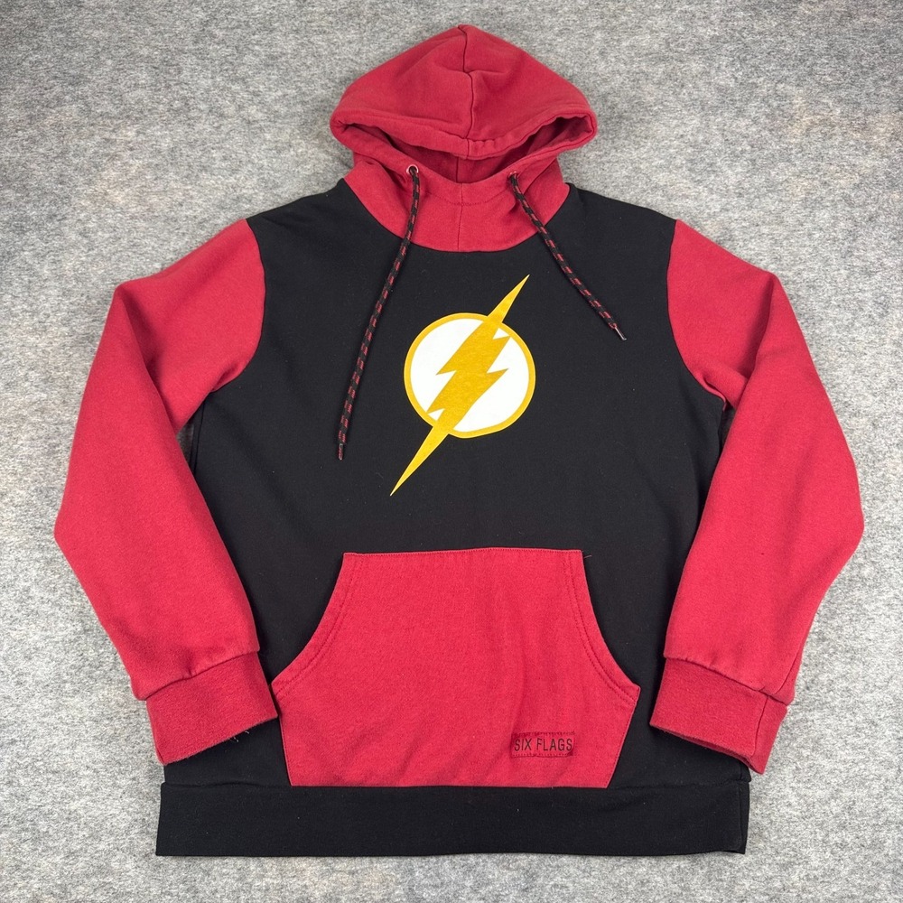 Six Flags The Flash Hoodie Pullover Pockets Black Red Mens Medium M